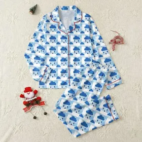 Women's Gentle Sky Blue White Gingham Royal Blue Cloud Navy Raindrop Illustrative Satin Pajamas Set