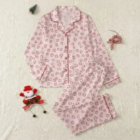 Women's Playful Abstract Organic Leopard Spot in Pale Blush Pink & Muted Rose Satin Pajamas Set