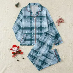 Women's Dark Teal Light Blue-Grey Plaid Grid Whimsical Sleep Moons Stars 'zzZ' Eye Script Satin Pajamas Set