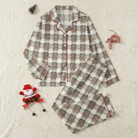 Women's Whimsical Hand-Drawn Brown Bear Muted Orange Basketball Charcoal Plaid MIDSUMMER Pattern Satin Pajamas Set