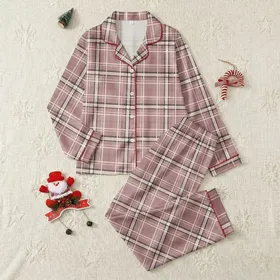 Women's Muted Dusty Rose Cream Charcoal Black Flat Graphic Tartan Plaid Satin Pajamas Set