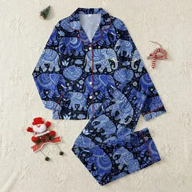 Women's Intricate Indigo Cobalt Sky Blue Elephant Mandala Paisley Art on Black Satin Pajamas Set
