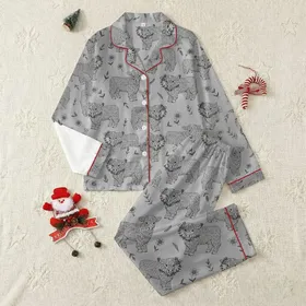 Women's Heather Grey Rustic Baby Highland Cow & Wildflower Scatter Pattern Satin Pajamas Set