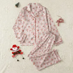 Women's Delicate Muted Rose Coral Peach Sage Green Rosebud Bloom Vintage Illustrative Pattern Satin Pajamas Set