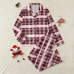 Women's Deep Maroon White Rose Pink Classic Plaid Pattern with Subtle Graphic White Hearts Satin Pajamas Set