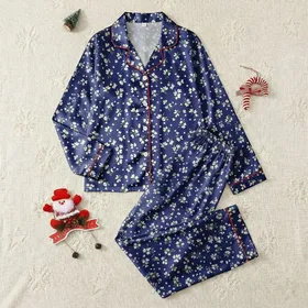 Women's Deep Indigo Off-White Sage Floral Cluster Flat Graphic Pattern Satin Pajamas Set