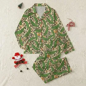 Women's Naive Hand-Drawn Cream Green Banana Black Outline Abstract Text Orange Daisy Floral Pattern Satin Pajamas Set