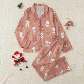 Women's Muted Salmon Pink Whimsical Sketch Teddy Bear & Bow Pattern with Reddish-Brown & White Accents Satin Pajamas Set