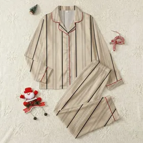 Women's Sophisticated Champagne Beige Vertical Stripe Geometric with Subtle Herringbone Texture & Black Pinstripes Satin Pajamas Set