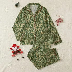 Women's Deep Forest Green Ornate Botanical Acanthus Leaf Scroll Pattern, Muted Gold & Cream Classical Motifs Satin Pajamas Set