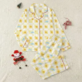 Women's Off-White Yellow Cheerful Illustrative Buffalo Plaid Smiling Stars & Sky Blue Clouds Satin Pajamas Set