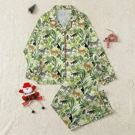 Women's Vibrant Off-White Jungle Wildlife Botanical Pattern: Exotic Animals, Lush Tropical Foliage, Natural History Illustration Style Satin Pajamas Set