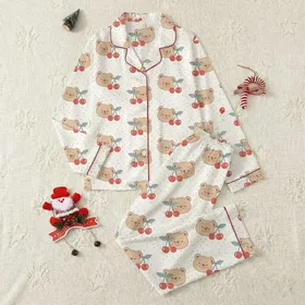Women's Cream Off-White Tiny Grey Polka Dot Playful Beige Bear Red Cherry Motif Satin Pajamas Set