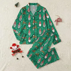 Women's Emerald Green Festive Gnome Reindeer Pattern with Red Hats & Blue Bauble Trees Satin Pajamas Set