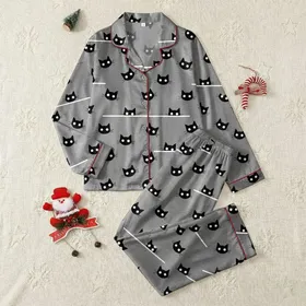 Women's Minimalist Black Cat Faces White Eye Peeking Line Art Heather Gray Pattern Satin Pajamas Set