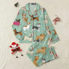 Women's Whimsical Dog Breeds Pistachio Green All-Over Patterned Outfits Pink Blue Accents with Stars Hearts Satin Pajamas Set