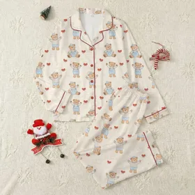 Women's Creamy Off-White Muted Brown Teddy Bear & Red Bow Dreamy Pattern with White Stars & Clouds Satin Pajamas Set