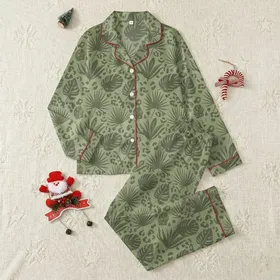 Women's Muted Olive Green Tone-on-Tone Flat Graphic Jungle Foliage Leopard Spot Pattern Satin Pajamas Set