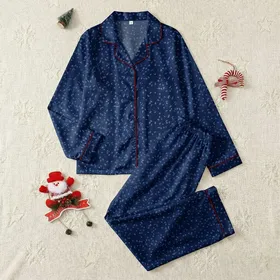 Women's Deep Navy Abstract Irregular Specks Muted Dusty Blue Tone-on-Tone Satin Pajamas Set