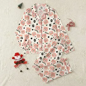 Women's Whimsical Creamy Off-White Seamless Peachy Pink Bear Faces Black Hearts Stars 'FASHION' Graphic Satin Pajamas Set