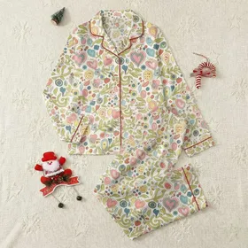 Women's Whimsical Retro Folk Art Layered Hearts Leafy Vines Pastel Pink Sky Blue Pattern Satin Pajamas Set