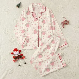 Women's Charming Hand-Drawn Cream Pastel Bunny & Strawberry Seamless Pattern with Blush Pink Hearts Satin Pajamas Set