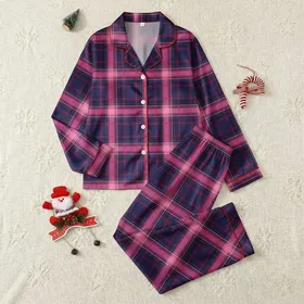 Women's Deep Navy Fuchsia Plum Rose Pastel Pink Multi-Layered Tartan Plaid Satin Pajamas Set