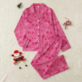 Women's Whimsical Fuchsia Bow & Flowing Ribbon Scattered Pattern on Medium Pink Satin Pajamas Set