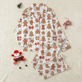 Christmas Enthusiasts' Warm Brown Gingerbread Men & Houses, Red Candy Canes, White Icing, & Snowy Elements Pattern Satin Pajamas Set
