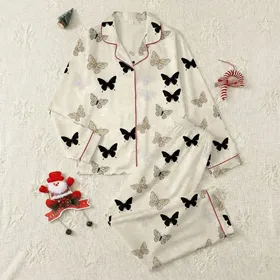 Women's Elegant Cream Beige Scattered Butterfly & Periwinkle Botanical Motif Satin Pajamas Set