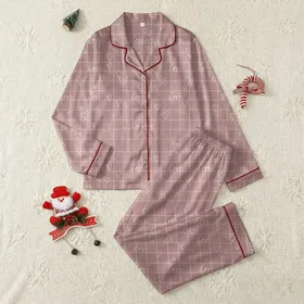 Women's Soft Blush Pink White Plaid Hand-Drawn Hearts Subtle 'Love' Seamless Pattern Satin Pajamas Set