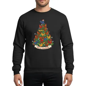 Family's Whimsical Dark Green Christmas Tree with Colorful Chickens, Santa Hat Rooster & Merry Cluckmas Banner Sweatshirt
