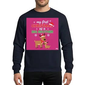 Kids' Whimsical 'My First Christmas As Big Brother' Red Green Text, Cartoon Reindeers, Snowflakes Sweatshirt