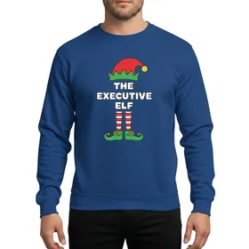 Festive Family Fun' Executive Elf Cartoon with 'THE EXECUTIVE ELF' Text, Red Green Striped Legs, Yellow Bell Shoes Sweatshirt