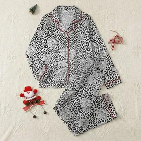 Women's Black Leopard Spot All-Over Pattern with Roaring Jaguar Head Line Art Satin Pajamas Set