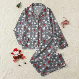 Women's Muted Gray White & Red Hearts Love Script Seamless Pattern Satin Pajamas Set