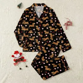 Women's Cute Illustrative Brown Dachshund Black Background Pink Red Heart Pattern Satin Pajamas Set