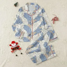Women's Muted Dusty Blue Beige Navy Off-White Abstract Tropical Foliage Design Satin Pajamas Set