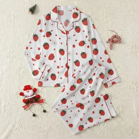 Women's Whimsical Red Strawberry White Blossom Green Leaf Scattered Flat Illustrative Pattern Satin Pajamas Set