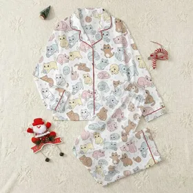 Women's Whimsical Pastel Cats & Yarn Balls in Pink Blue Yellow Grey Brown on White Satin Pajamas Set