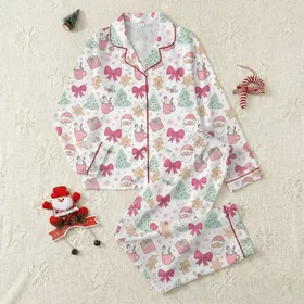 Women's Whimsical Pink Santa, Gingerbread, Mint Tree & Fuchsia Bow Pattern Satin Pajamas Set