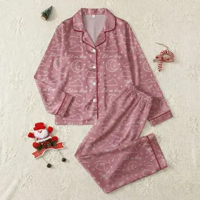Women's Muted Rose Pink Whimsical Hand-Drawn Sleepy Moon Star Cloud 'Let Me Sleep' Pattern Satin Pajamas Set