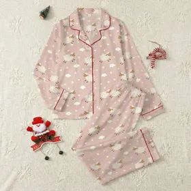 Women's Playful Blush Pink Scattered Off-White Lamb Hearts Clouds Star Pattern Satin Pajamas Set