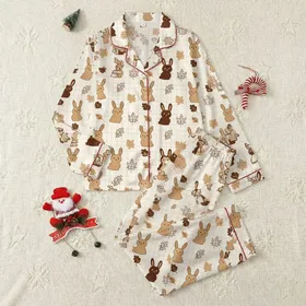 Women's Whimsical Cartoon Bunnies Autumn Foliage Warm Camel Cream Plaid Texture Satin Pajamas Set