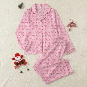 Women's Sweet Fuchsia Pink Bows, Ribbons, Hearts & Starbursts on Pastel Pink Satin Pajamas Set