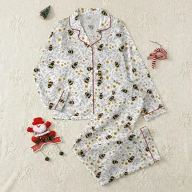 Nature Lovers' Delicate White Mustard Yellow Bumblebee & Charcoal Grey Botanical Pattern Satin Pajamas Set