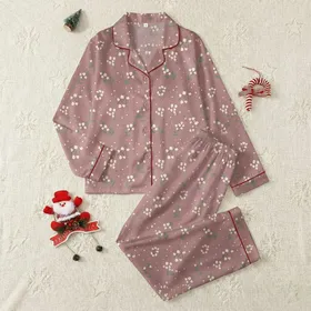 Women's Muted Dusty Rose Hand-Drawn Botanical Bloom Pattern Sage Green Leaves Cream Flowers Satin Pajamas Set
