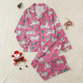 Women's Hot Pink White Tiger Playful Pose Teal Tropical Leaf Flat Graphic Pattern Satin Pajamas Set