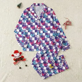 Women's Graphic Royal Purple Buffalo Check Butterfly Design with Vibrant Blue Pink Yellow & Script Satin Pajamas Set