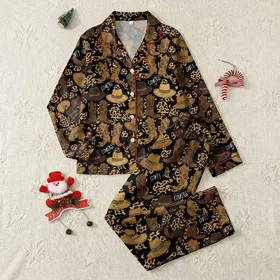 Country Gals' Rustic Western Cowgirl Boots, Hats, Gold Tan Leopard Spots, 'BOOTS ON' Text Satin Pajamas Set